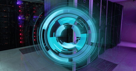 Wall Mural - Image of neon blue round scanner spinning against computer server room