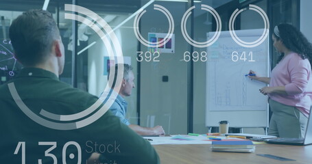 Poster - Image of stock market data processing over biracial woman discussing with colleagues at office