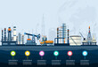The transportation and petroleum processing industries of oil rigs with Offshore crude extraction, refinery plant, fuel tanker ship and more. Vector illustration eps10