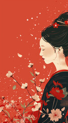 Elegant Japanese Woman with Floral Kimono on Red Background
