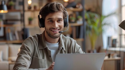 Wall Mural - Professional Male Call Center Operator with Headset and Laptop Working in Modern Office Environment