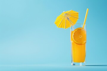 Wall Mural - orange juice with yellow umbrella on blue background on summer display concept 