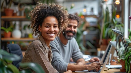 Successful Partnership: A Happy Couple Working Together in Small Office, Genuine Smiles and Depth of Field in Wide and Long Shot