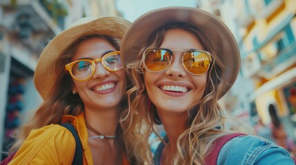 Joyful Friends Exploring City - Travel & Tourism Concept with Beautiful Smiling Girls in Wide Shot, Long Shot, and Depth of Field