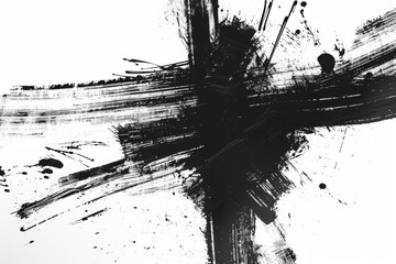 black ink cross with brush stroke texture and splatter handpainted abstract background