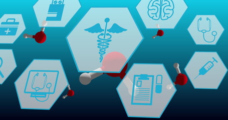 Poster - Image of medical icons and molecules on blue background