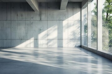 Poster - bright empty concrete interior with mockup space on wall and panoramic windows modern 3d rendering