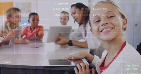 Sticker - Image of stock market data processing over caucasian girl using digital tablet at school