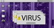 Image of computer icons and virus texts over server room