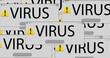 Image of computer icons and virus texts over server room