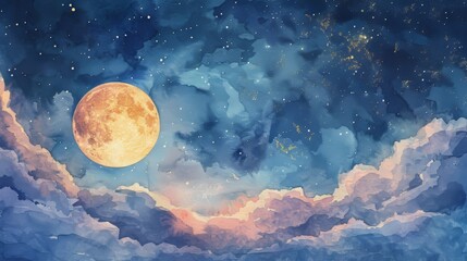 Delicate watercolor painting of a full moon peeking through scattered clouds, the night air filled with a sense of magic and wonder