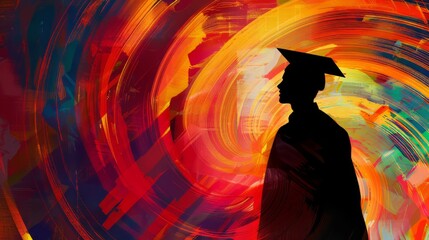 Abstract background with vibrant colors and a graduate silhouette
