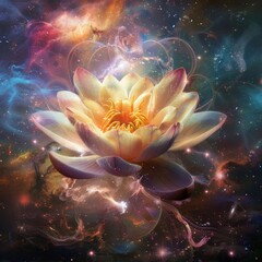 Sticker - a floating lotus flower within the universe with a nebula around it, spiritual feeling and surrounded by a Hindu mandala