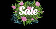 Image of white sale text over purple flower bouquet and illuminated abstract pattern