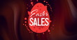 Image of white easter sales text in red egg over abstract background