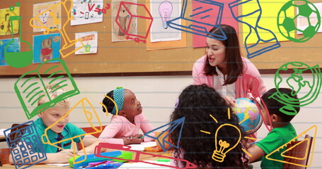 Sticker - Image of school icons over diverse schoolchildren with teacher smiling