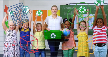 Sticker - Image of school concept icons over caucasian female teacher and students holding recycle items