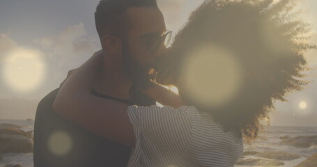 Poster - Image of spots over diverse couple embracing