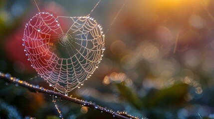 A spiderweb in the shape of a heart with a blurred background. 