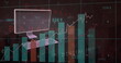 Screen shows graphs, numbers on a digital stock market backdrop