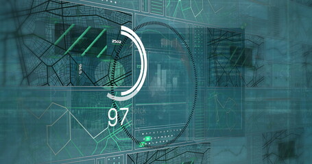 Wall Mural - image of data processing over female eyes and screen