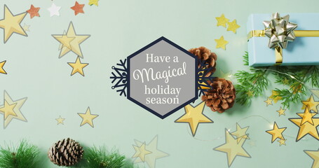 Canvas Print - Image of have a magical holiday season text and stars over presents and decorations