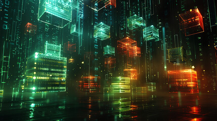 Wall Mural - digital data cubes with binary codes, futuristic technology background, modern cyber tech wallpaper,