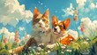 © AkuAku - Fluffy cat and corgi dog sitting together in a sunny spring meadow
