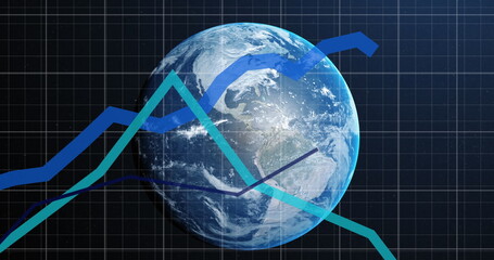 Wall Mural - Image of blue lines and financial data processing over globe