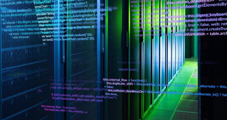 Wall Mural - Image of multicolored computer programming language over data server room