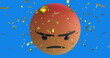 Digital image of golden confetti falling over angry face emoji against blue background