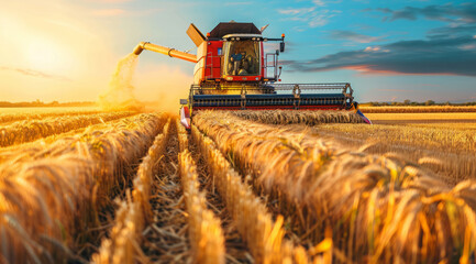 Combine harvester. collecting harvest of rye and wheat . Agriculture grain farming concept