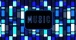 Image of music neon text over blue glowing rectangles