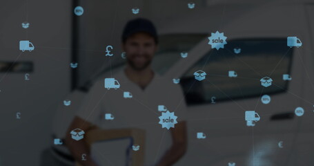 Canvas Print - Network of digital icons floating against caucasian delivery man with delivery package and clipboard