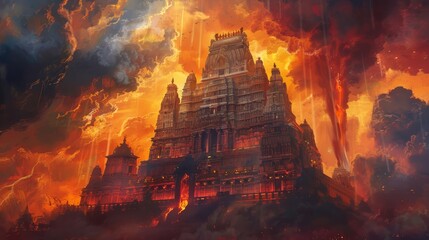 Wall Mural - hindu temple under a dramatic sky, concept art painting