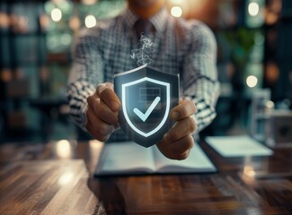 Wall Mural - Businessman holding a virtual shield with a check mark and icon of a security system, with an online smoke point in the background on an office table in a modern business concept.