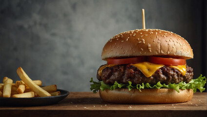 Wall Mural - yummy meat cheeseburger with french fries