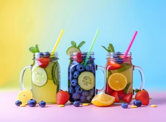 Wall Mural - Photo of three mason jars filled with various fruits and vegetables, such as strawberries, lemons, limes, blueberries, cucumber slices, and mint leaves.