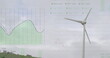 Image of financial data processing over wind turbine in countryside