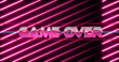 Image of game over text in white letters over purple moving red light trails