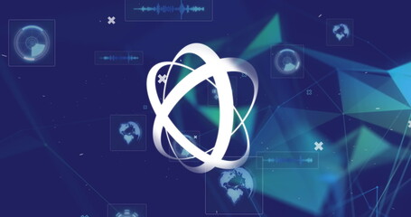 Wall Mural - image of abstract shape spinning over round scanners and plexus networks on blue background