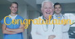 Image of congratulation text over caucasian doctors smiling