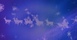 Image of snow falling over santa claus in sleigh with reindeer on blue background