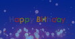Image of confetti falling and light spots over happy birthday text on blue background