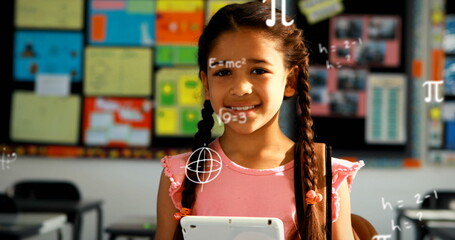 Sticker - Image of mathematical equations over biracial girl using tablet