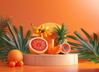 Wall Mural - Background for product presentation with wood podium and tropical fruits on orange background, mockup stage showcase display, cosmetic or beauty product advertising copy space.