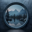 a round window with lake and mountain scene inside, the background is dark blue
