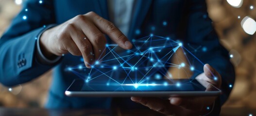 Businessman using a tablet and touching a virtual screen icon with digital network connection technology, in the style of a business concept background banner for a web site design.