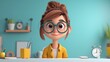 A cartoon girl with glasses is sitting at a desk with a clock and a cup