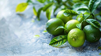 Poster - Fresh ripe limes and leaves on a bright table close up Room for text